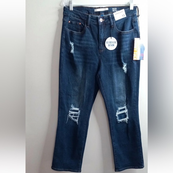 iT Tummy Tuck Jeans Women's Size 12 Dark Wash Distressed Cotton Blend Stretch - Picture 1 of 9